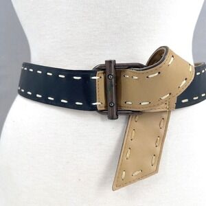 Women's Two Tone Tan Black Leather Contrast Stitch Wide Waist Belt Slider Buckle